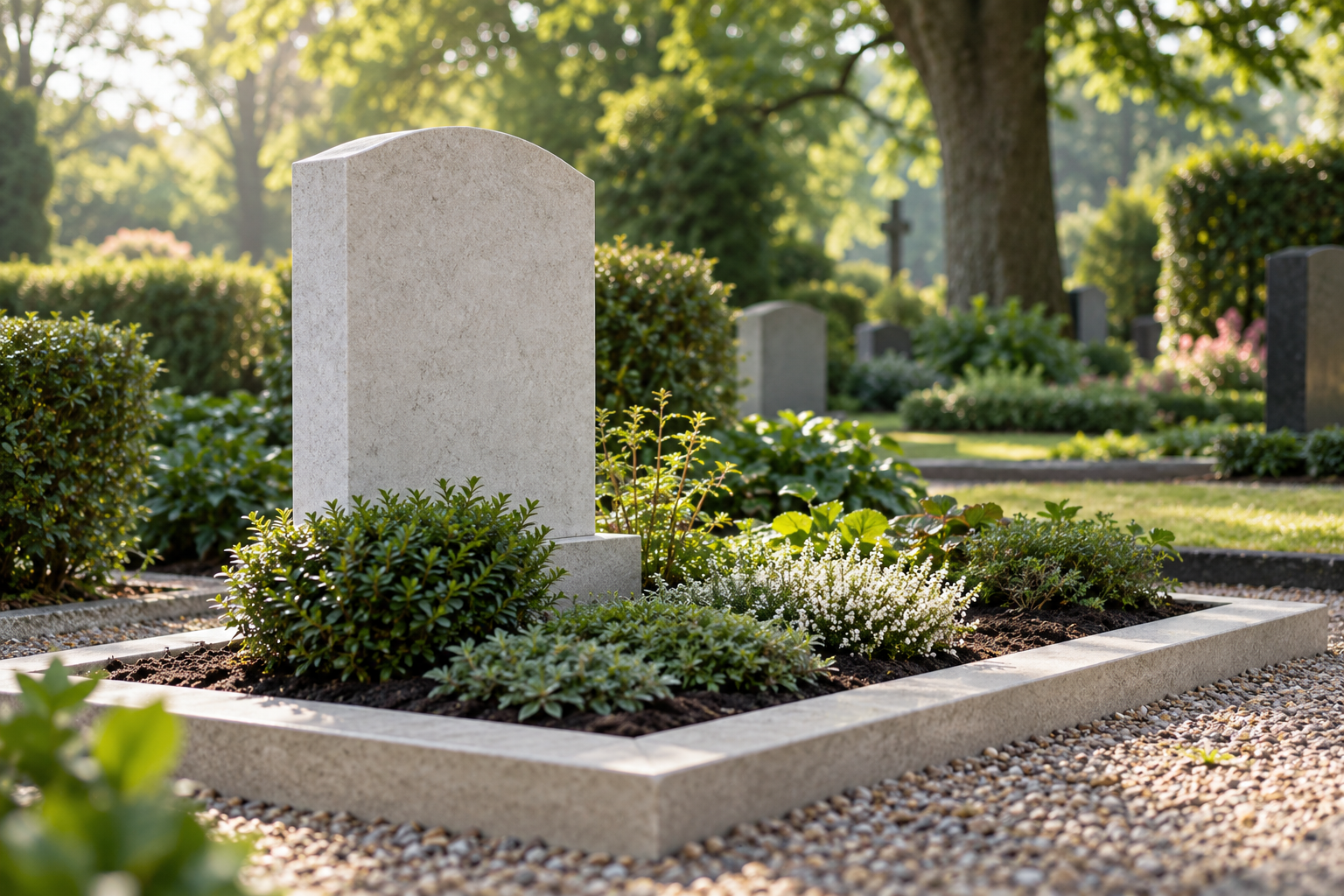 Illustrative image of a simple headstone in a peaceful, cared-for garden setting